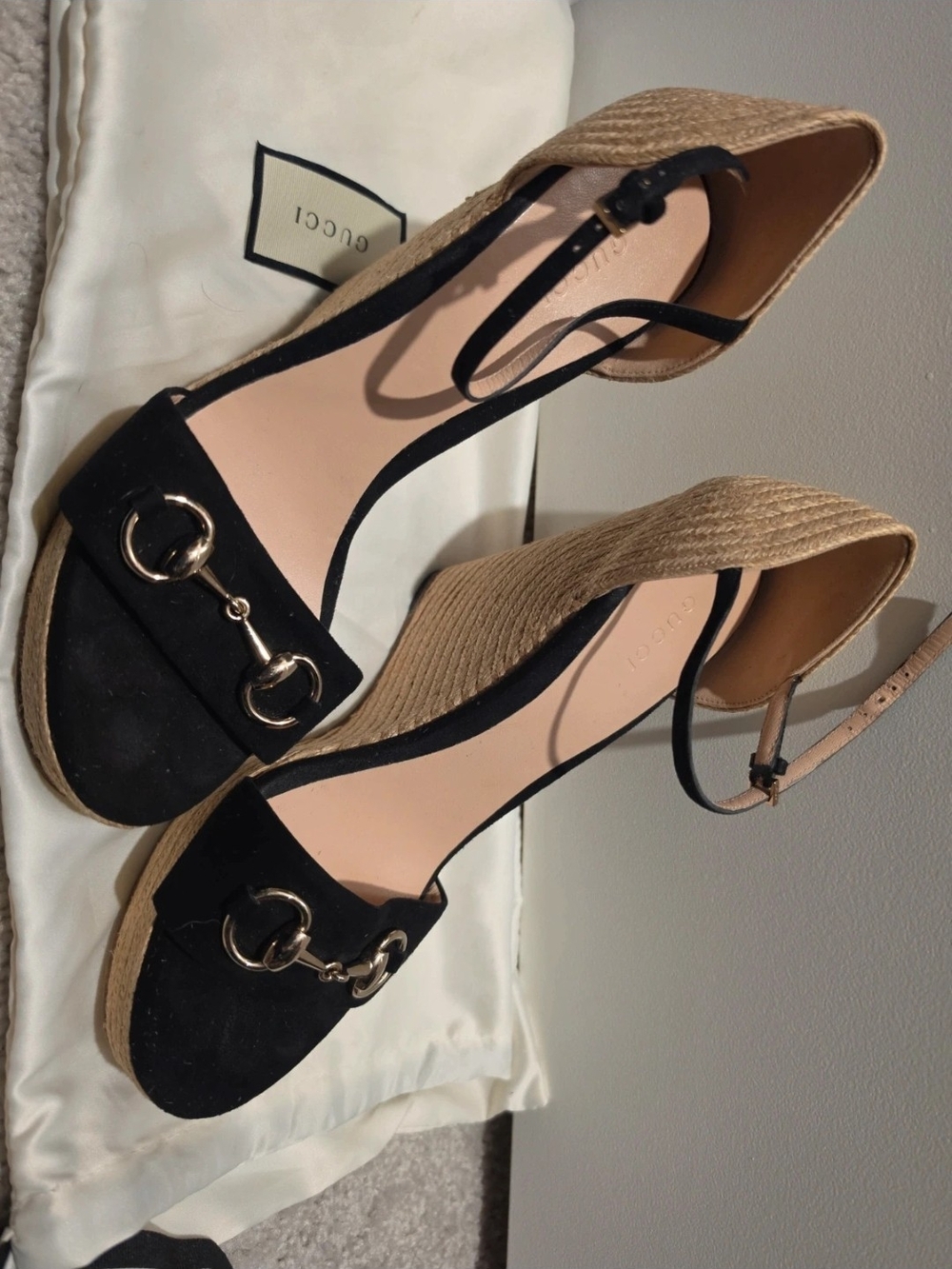 Gucci Black Suede Espadrille Wedge Sandals with Gold Horsebit